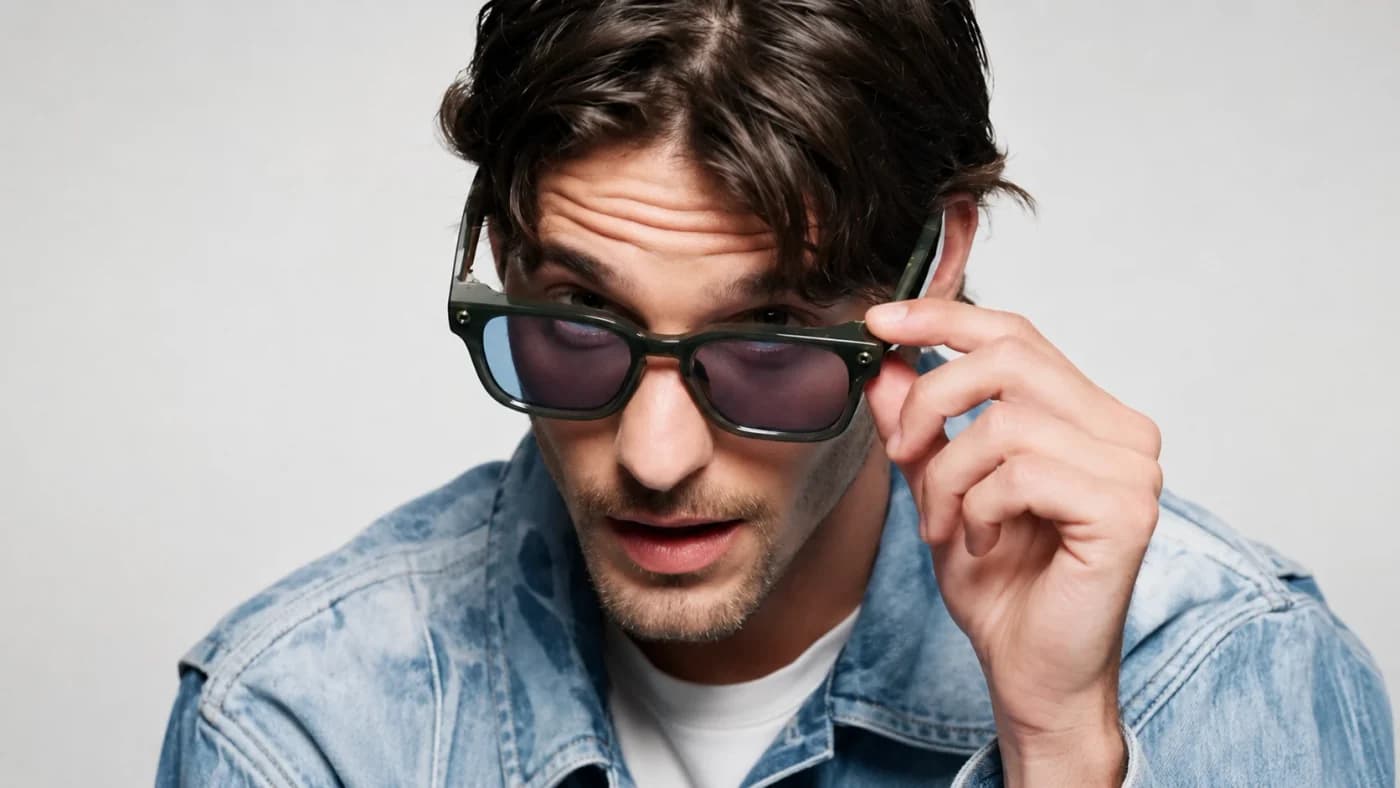 A man wearing Meta AI glasses, lifting the frame with his hand