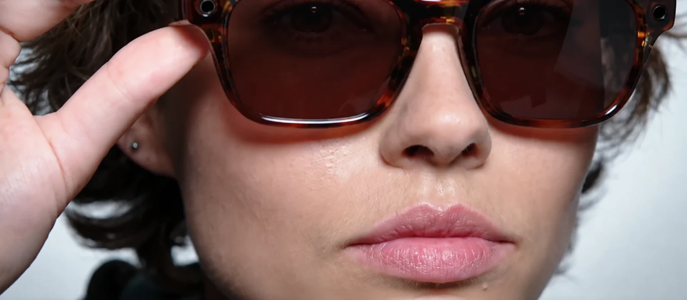 Close-up of a person wearing Meta AI glasses